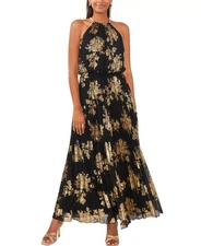 Msk Metallic-Print Pleated Blouson Gown - Black/Gold, sz 4