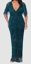 Betsy  Adam Women's Green Metallic Stretch Ruffle Long Gown Dress Size 6