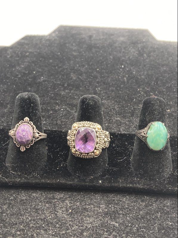 Lot Of 3 925 Sterling Silver Fine Jewelry Amethyst Rings Size 8 18.28g