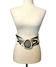 Vtg Leather Statement Belt w/Genuine Geode Stone Women's S White Silver Funky