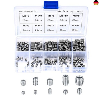 HAOCHEN 200 Stück M3 M4 M5 M6 M8 Gewindestifte, Sechskantkopf, Imbusschlüssel s