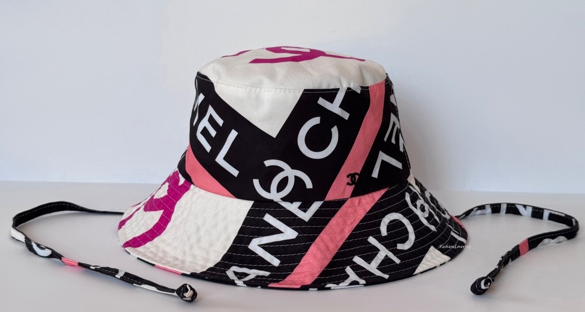 22S CHANEL ECRU BLACK PINK CC LOGO BUCKET CLOCHE HAT S | eBay