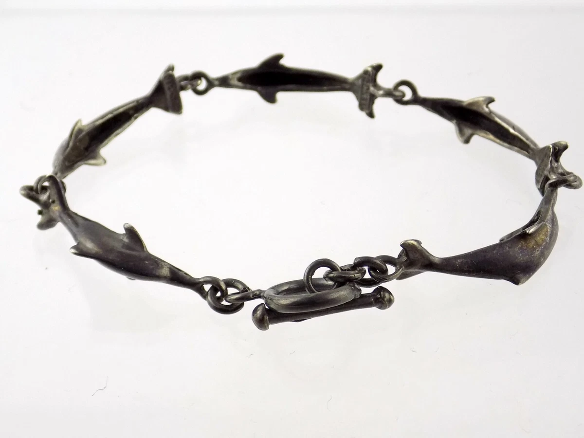 Vintage Mexico Sterling Silver Dolphin Link Bracelet Toggle Clasp