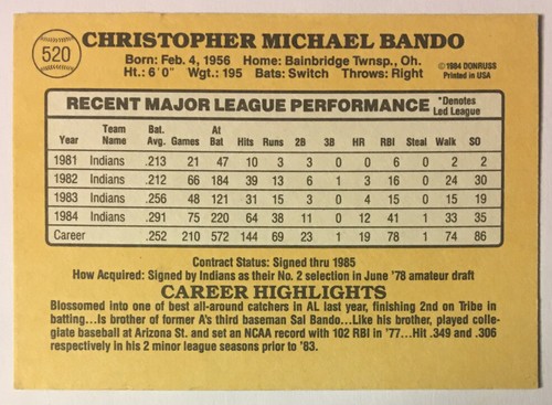 1985 Donruss Baseball Card #520 Chris Bando Autographed - Picture 5 of 7