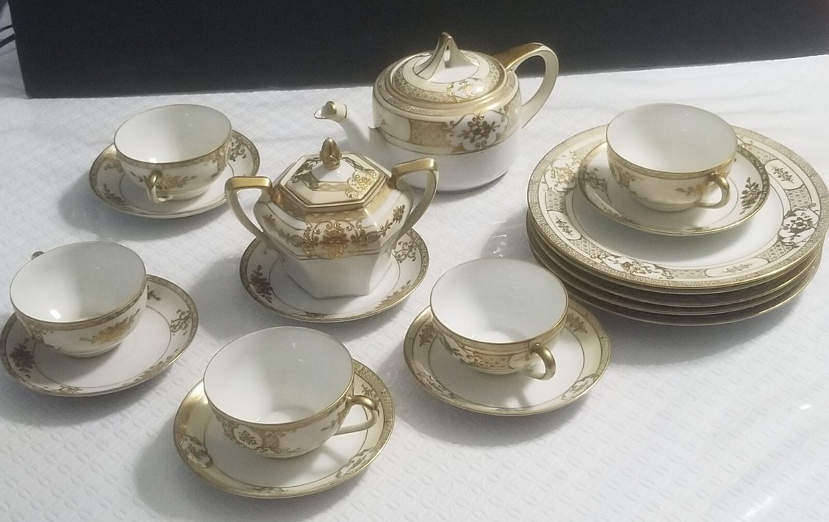 Set 18 pcs Antique 'Noritake M' GOLD MORIAGE TEA set Hand Painted