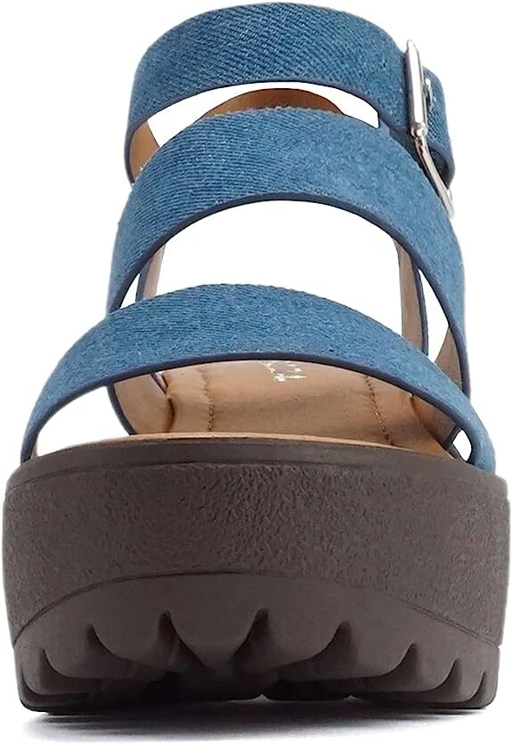 Sandalias Soda Account Denim Azul Correa al Tobillo Redonda Punta Abierta Tirantes Tacón Bloque Foto 3 de 4