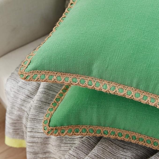 2 Pack May Green Burlap Linen Boho Country Cushion Covers