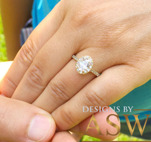 14K SOLID YELLOW GOLD OVAL MOISSANITE AND ROUND CUT ENGAGEMENT RING HALO 2.00CTW - Picture 5 of 12