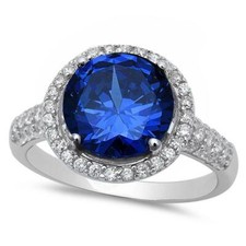 Sterling Silver Halo Blue Sapphire Ring With Cubic Zirconias