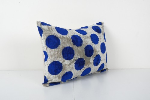 Blue Silk Ikat Velvet Pillow Cover, Handloom Polka Dot Ikat Lumbar Cushion Cover - Picture 2 of 4