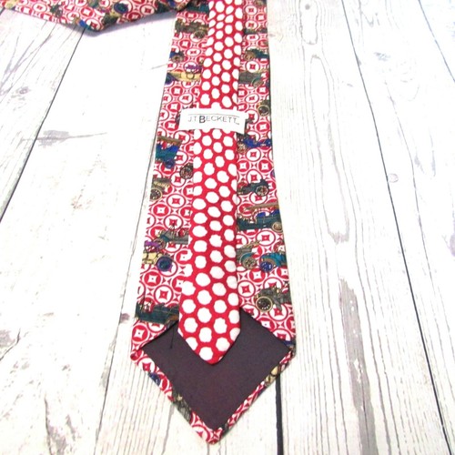 Vintage Silk Necktie MODEL T ANTIQUE CARS J T Beckett Made USA Red White Blue - Picture 3 of 7