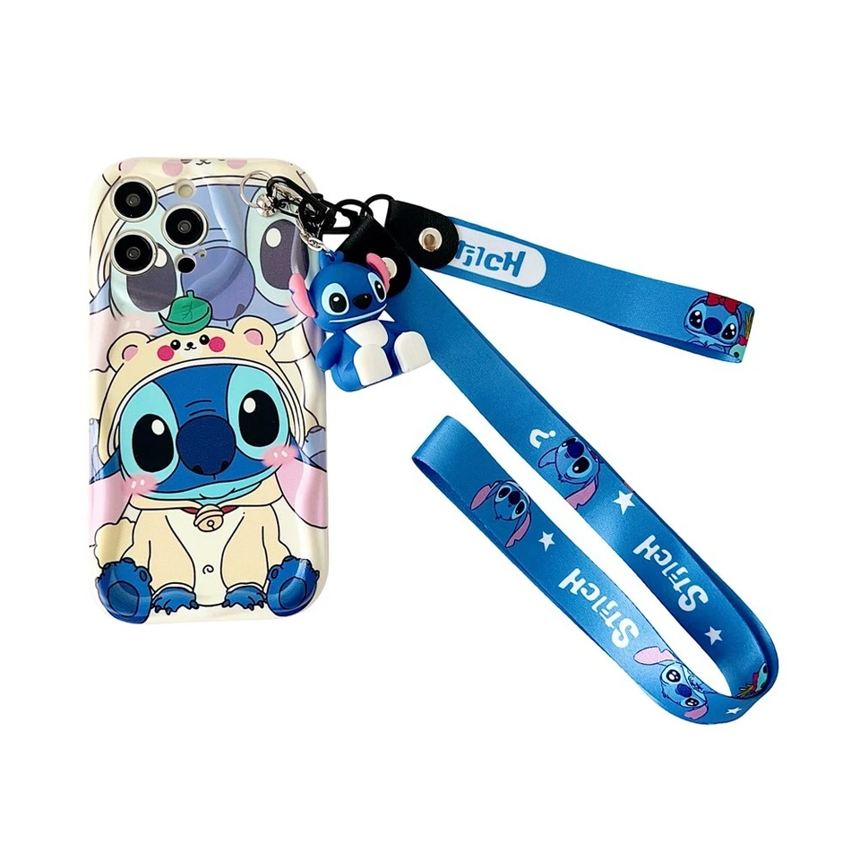 For iPhone Samsung Huawei Case Cute Cream Stitch Phone Cover Doll Stand 2 Straps - Image 3 of 4
