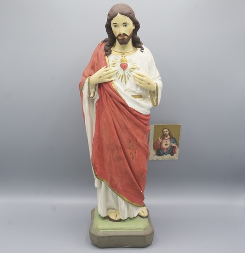 Antique Chalkware French Statue Plaster Jesus Sacred Heart Figurine Handpainted - 第 1/7 張圖片