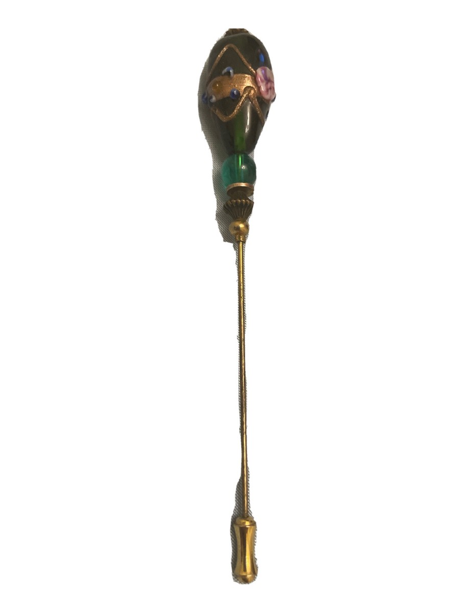 Murano Green glass hatpin Pink Rosettes Gold Tone Stick Pin  display picture 2