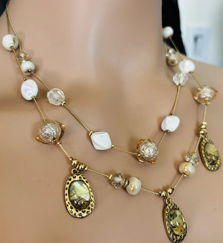 Collar de cuentas de lámina de oro rosa con perlas flotantes de 2 hilos mop cabujones tonos rosas 24 Foto 4 de 4