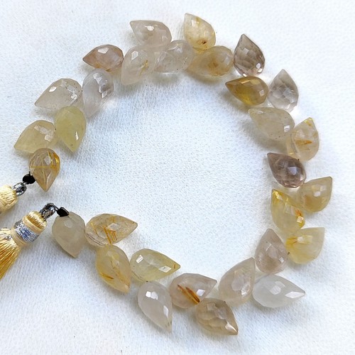 Gemas de cuarzo rutilo dorado tamaño 11x8 mm cuentas facetadas con forma de brote de flores hilo de 7" - Imagen 4 de 9