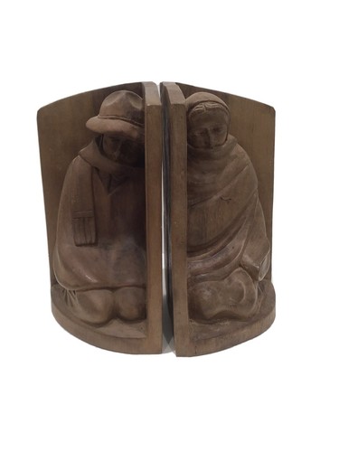 Vintage Carved Wood latin American Mexico Bookends Charlot Rivera Botero Style