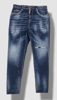 $820 Dsquared2 Women's Blue Splatter Distressed Twiggy Jeans Pants Size 38