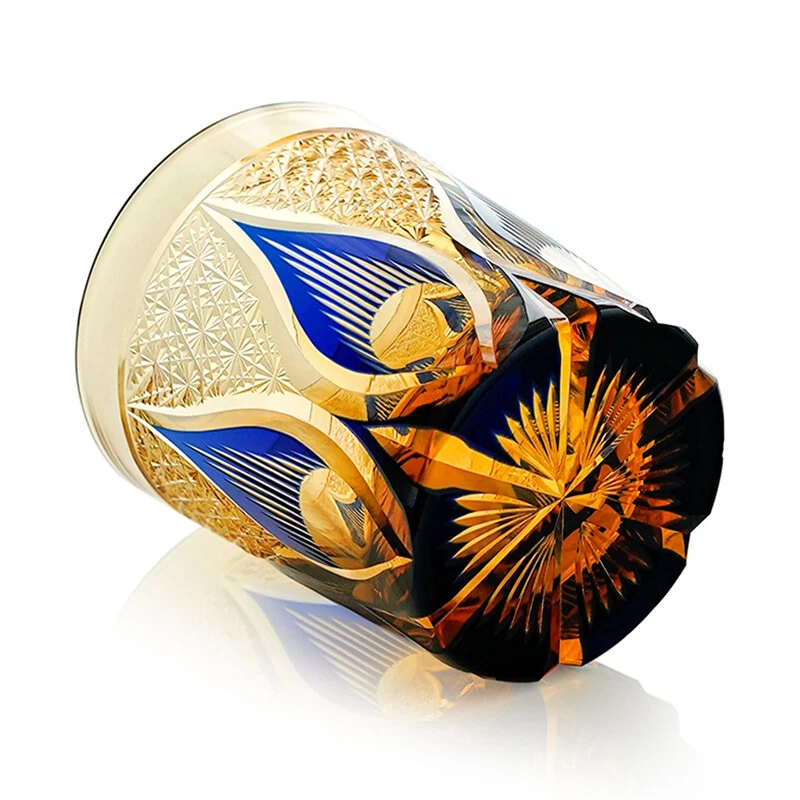 Hand Cut Edo Kiriko Glasses Drinking Glass 9 Ounces Amber Blue Whiskey Cup Gift - Image 2 of 4