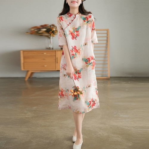 Women Ethnic Floral Dress Vintage Cheongsam Chinese Long Qipao Midi Casual - Picture 8 of 14