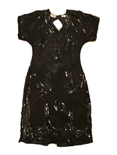 Stenay Vintage 80s Black Silk Beaded Sequin Midi Cocktail Party Dress Size 6