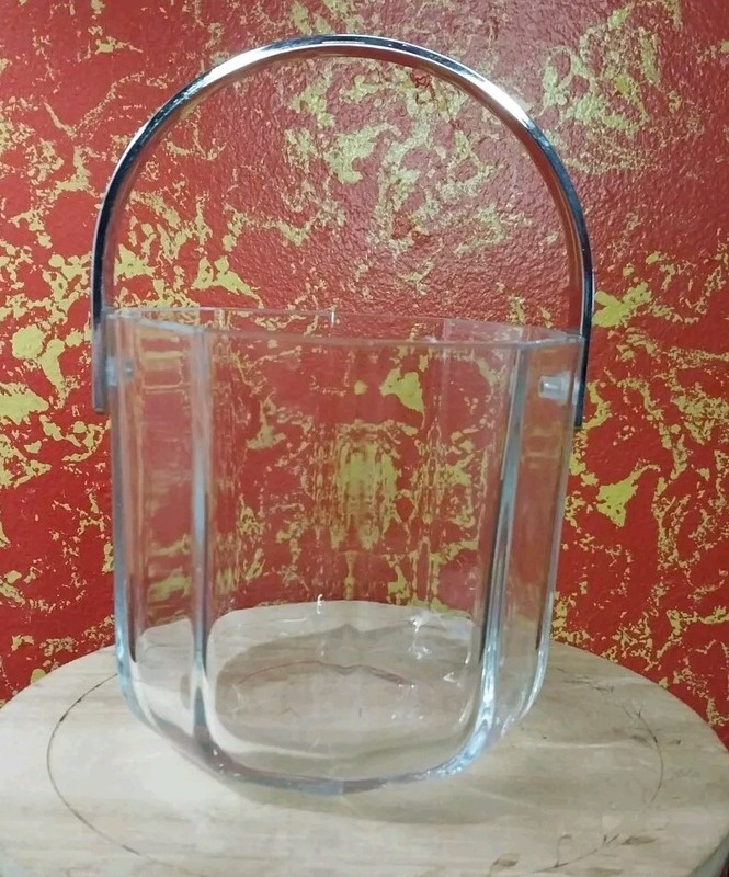 Vintage Mid-Century Modern Clear Glass Round Cornered Decagon Shaped Ice Bucket 