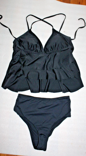 Catalina Black 2 pc Swim suit tiered Ruffled top Tank Size 8-10 High cut bottom