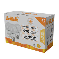 3x UniBulb LED GLS Light Bulb BC / B22 470lm 4.2W 2700K Warm White 25yr life