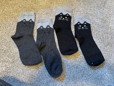New Women's Cat Face Crew Socks 2 Pair Bundle Black Dark Grey Size M Kitty