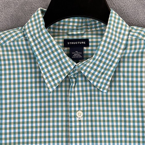 Structure Shirt Mens Extra Large Blue Green Gingham Check Button Front Short Slv - Picture 2 of 11