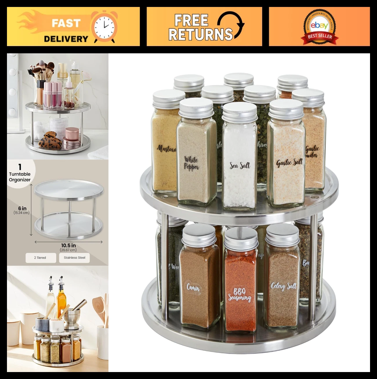 2-Tier Lazy Susan Spice Rack Organizer - 10.5" Stainless Steel Kitchen Carousel