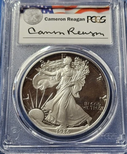 A 1986-S American Silver Eagle Cameron Reagan Signed PR69 DCAM PCGS
