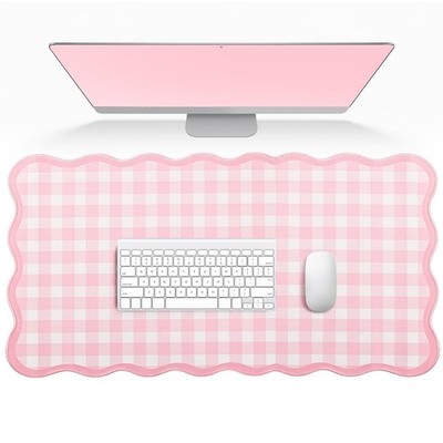 Scalloped Gingham Pink Desk Mat,Large Cute Desk Pad for Keyboard Mouse,Girly ...