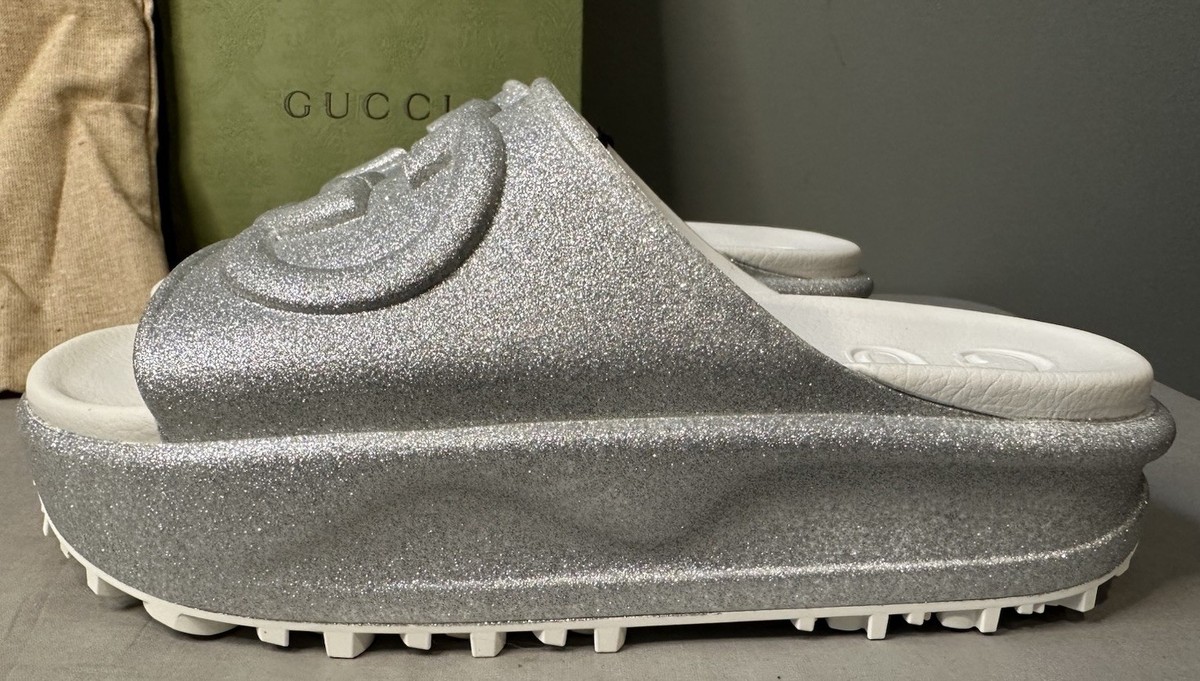 Gucci Interlocking G Silver Glitter Platform Slide Women Sz