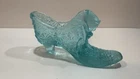 Vintage Fenton Glass Aqua Turquoise Blue Slipper w/Cat & Hobnail Design