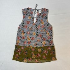 Cabi XS floral striped Sheer sleeveless blouse in blue with an olive hem