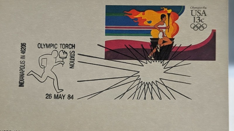 1984 Set of 21 OLYMPIC TORCH STATION CANCELED 13 CENT POSTCARDS Cities By Day