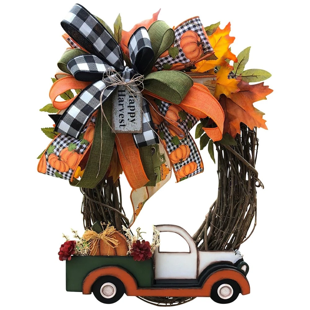 Halloween Artificial Fall Wreath for Front Door Autumn Wreath with Pumpkin Truck