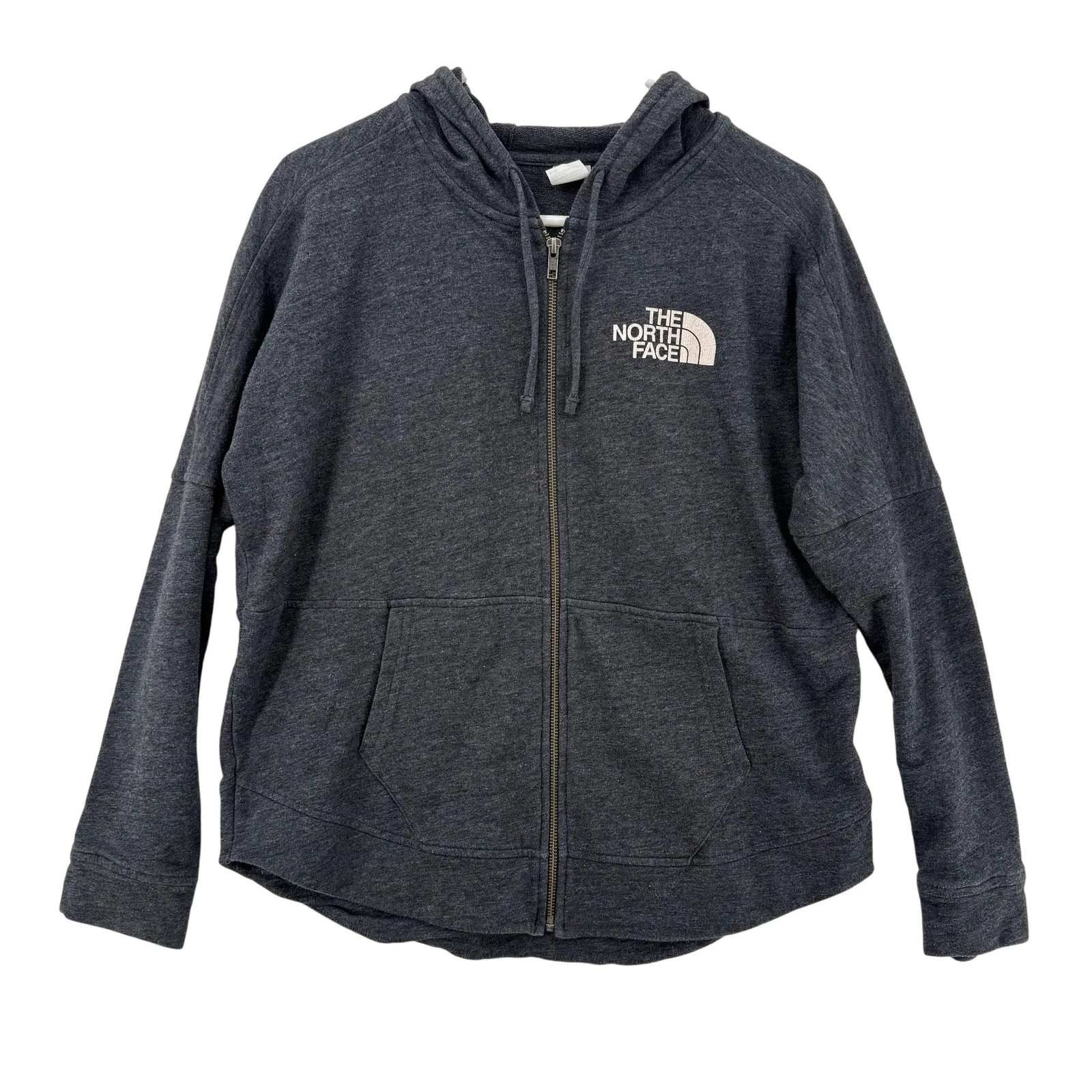 North Face Hoodie Womens Medium Gray Zip Up Sweatshirt Never Stop Exploring USA