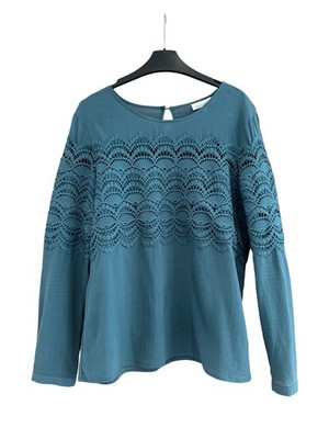 Thought Langarm-Baumwolltop Größe 12 Spitzenbluse türkis Rundhalsausschnitt Knopfleiste hinten