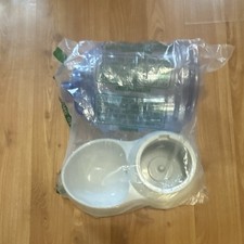 Automatic Gravity Pet Waterer Bottle 2-Bowl Base White/Blue Plastic Adult