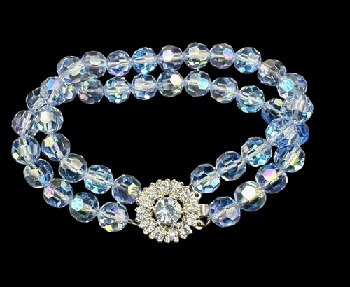 Vintage BERGERÉ Blue Aurora Borealis Glass Crystal Double Strand Beaded Bracelet