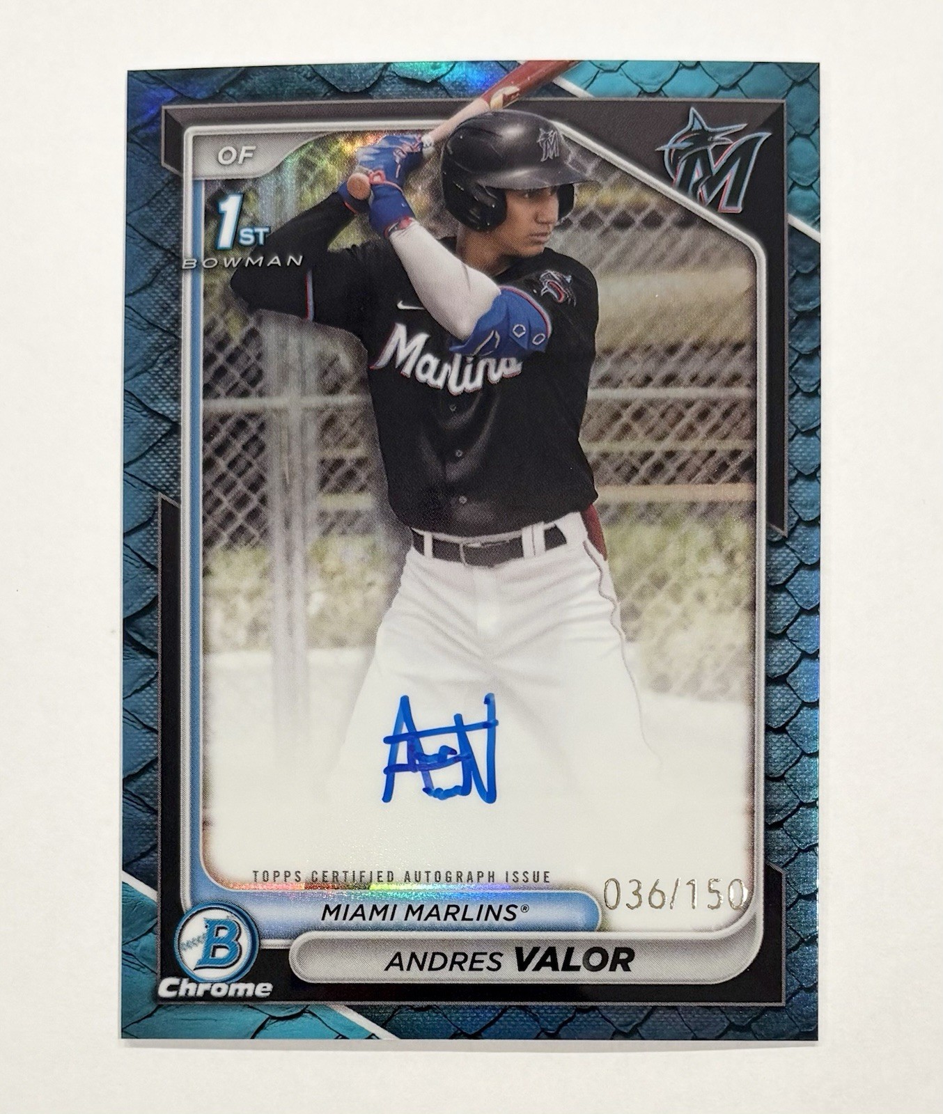 Andres Valor 2024 Bowman Chrome 1st#CPA-AV Blue Reptilian Refractor Auto /150