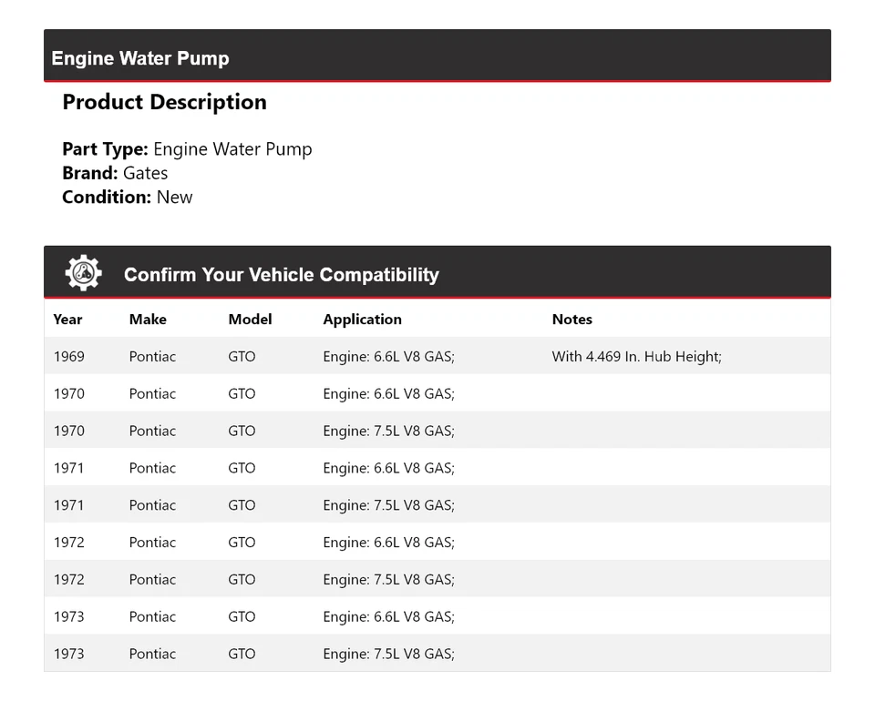 Puertas de bomba de agua para motor Pontiac GTO 1969-1973 1970 1971 1972 Foto 2 de 4