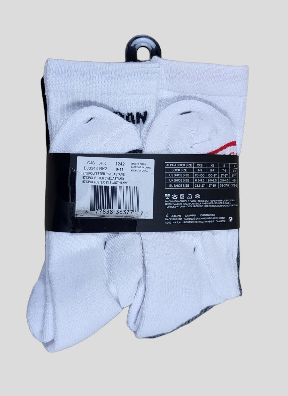 NIKE JORDAN Boys Socks Crew Jumpman Basketball Youth 6 Pack Shoe Size