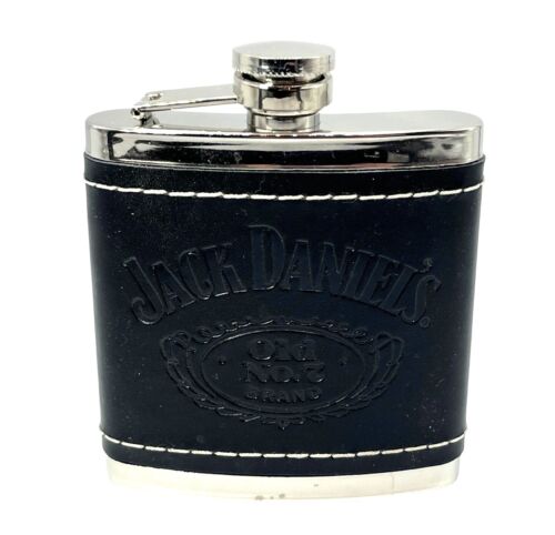Jack Daniels geprägtes schwarzes Leder umwickelt Edelstahl 5 Oz Flachmann - Bild 2 von 4