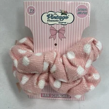 Vintage Cosmetic Co. Scrunchies 2 Ponytail Absorb Hair Ties Pink Polkadot Terry