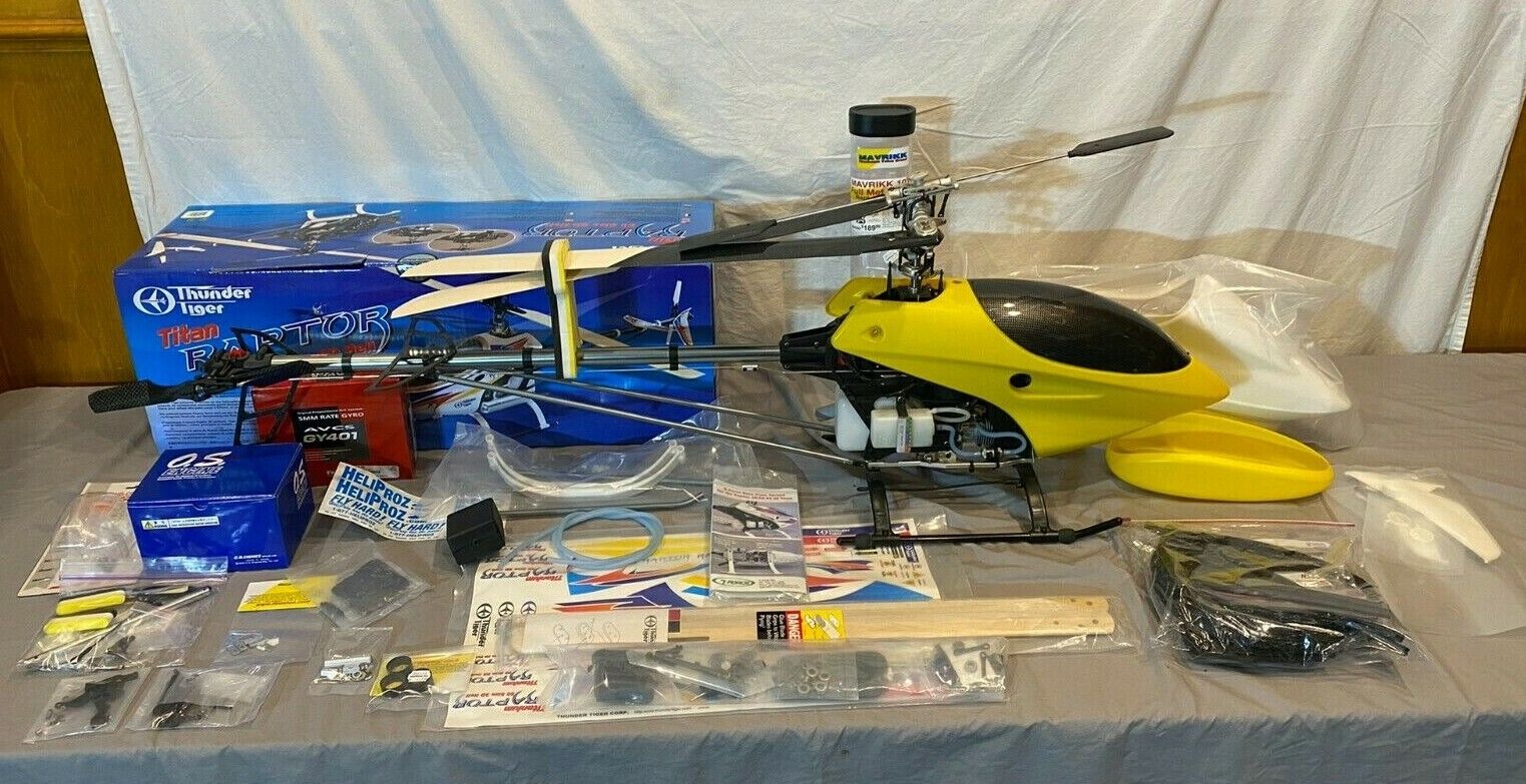 Thunder Tiger Titan Raptor 50 Gas Powered RC Helicopter w/Upgrades & Parts GREAT
