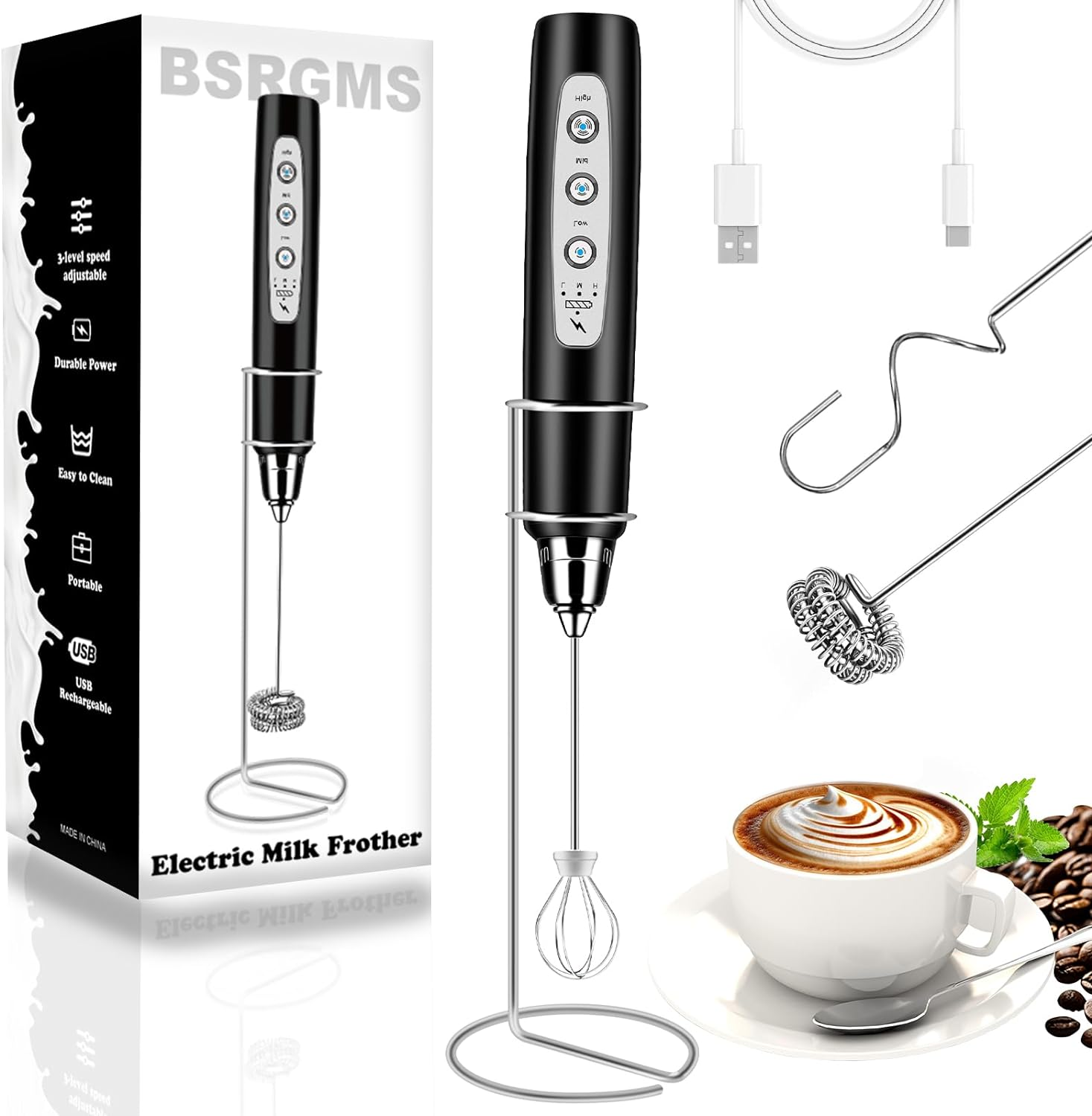 Milk Frother Handheld with Stand Electric Whisk 3 Speed Adjustable Drink Mixer-image