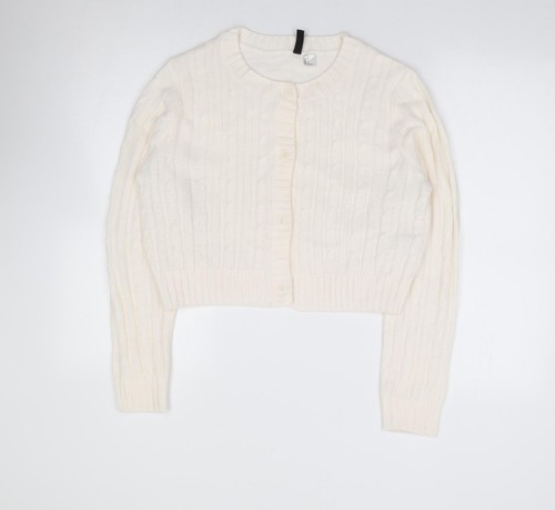 H&M Womens Ivory Crew Neck Acrylic Blend Cardigan Size M